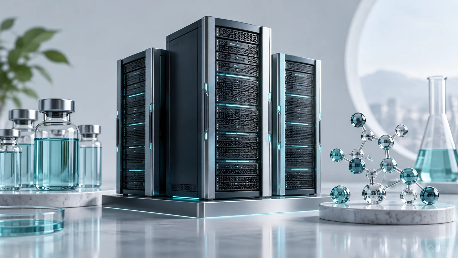 Conceptual illustration of pharmaceuticals cloud & infrastructure.