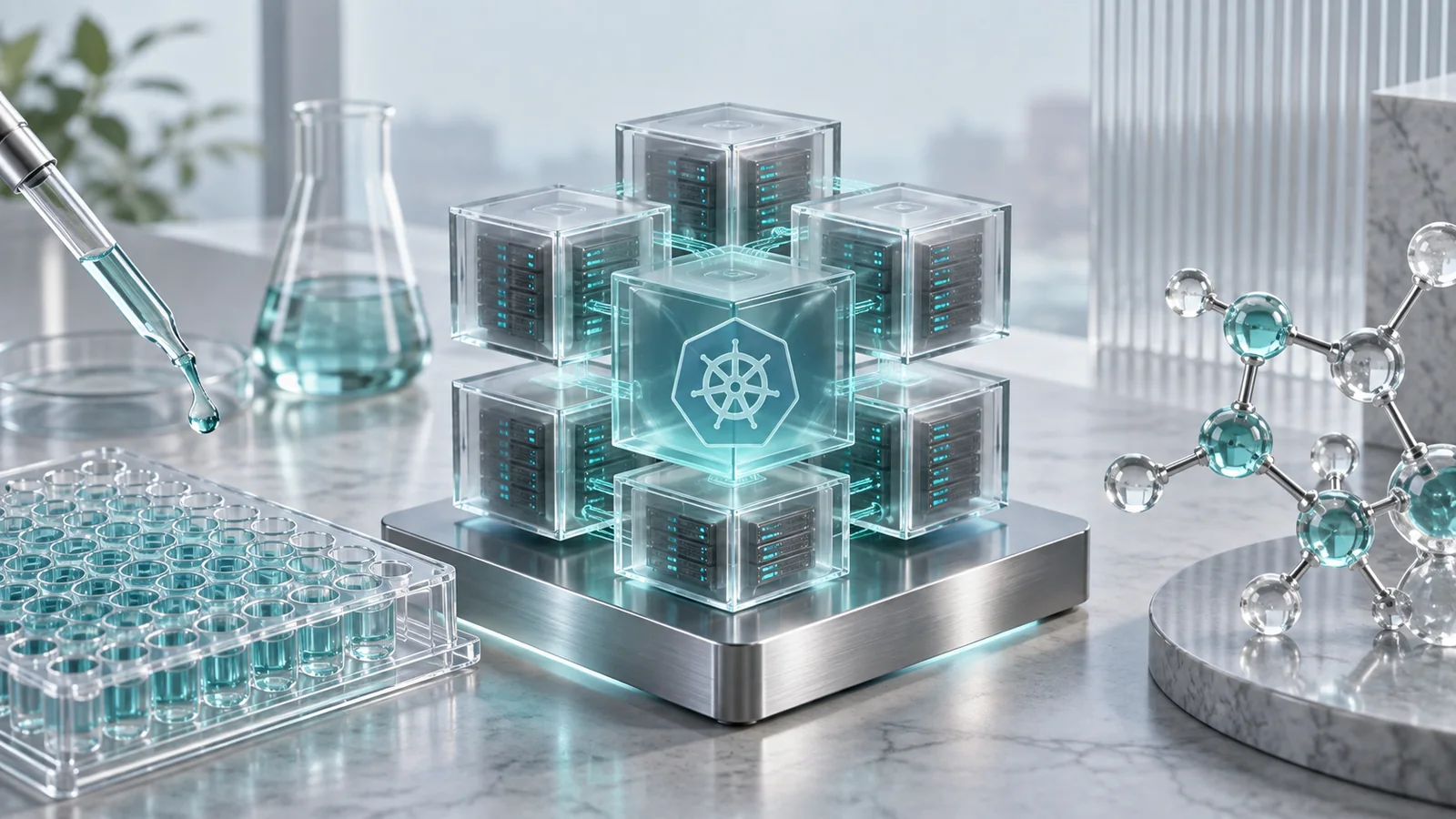 Conceptual illustration of pharmaceuticals cloud & infrastructure.